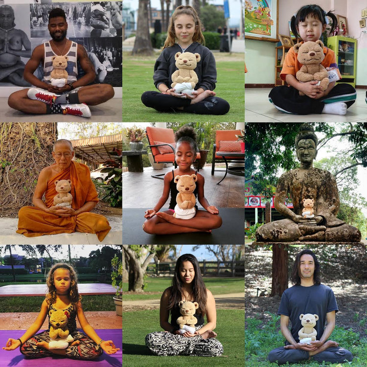 A group of people meditating in Lotus Pose with Meddy Teddy